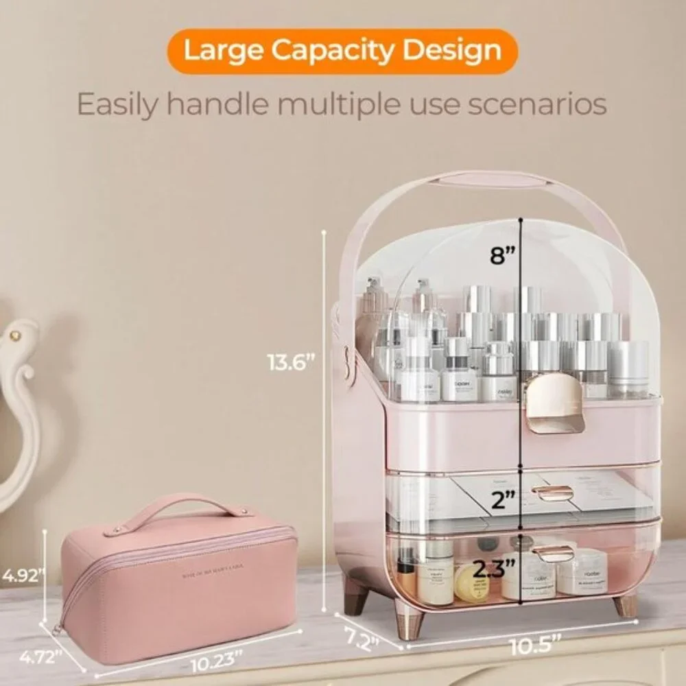 New Makeup Organizer with 2 Drawers & Lid, Dustproof Cosmetic Case for Vanity